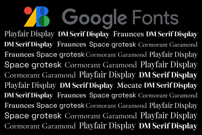 muestra tipográfica de fuentes Google Fonts sobre fondo oscuro